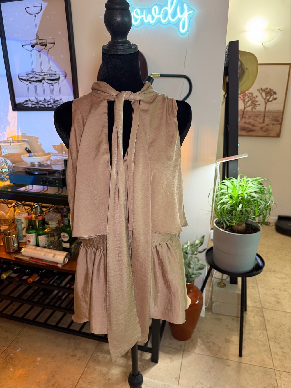 Sleeveless Tie-Neck Blouson Dress in Dusty Rose